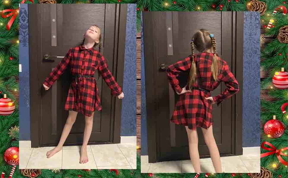 Girls Christmas Dress Buffalo Plaid Casual Shirt Dresses with Tassel Belt