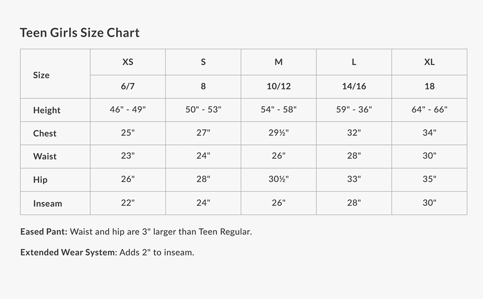 Teen Girls Size Chart