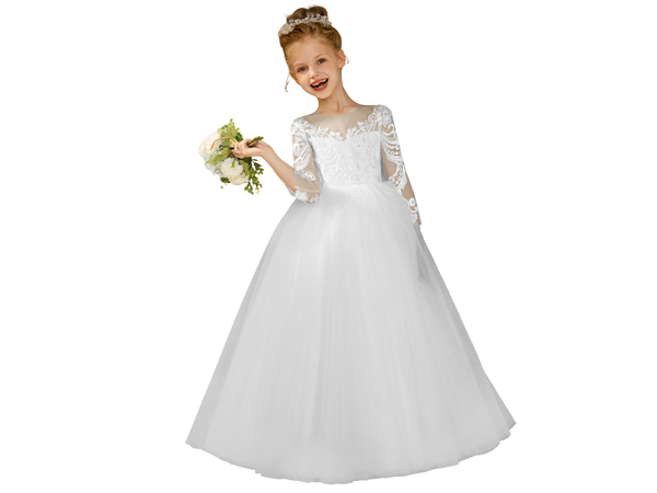 lace appkique flower girl dress for wedding long sleeve pageant dress  white first communion dress