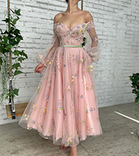 pink off shoulder tulle flower embroidery prom dresses puff sleeves