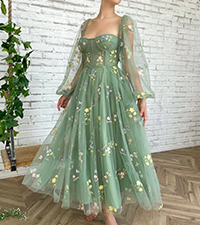 green sweetheart tulle prom gowns flower embroidery