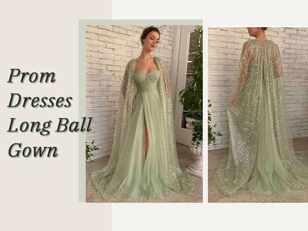 Glitter Tulle Prom Dresses Long Ball Gown with Cape A Line Formal Evening Party Dress