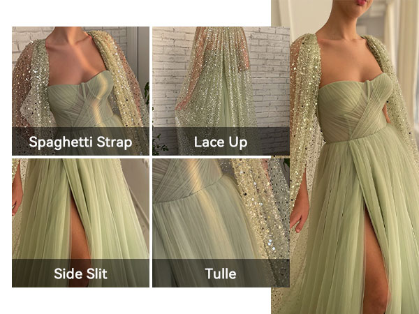 Sequin Prom Dresses Sparkly A Line Tulle Long Ball Gown with Cape Slit Evening Pageant Dress