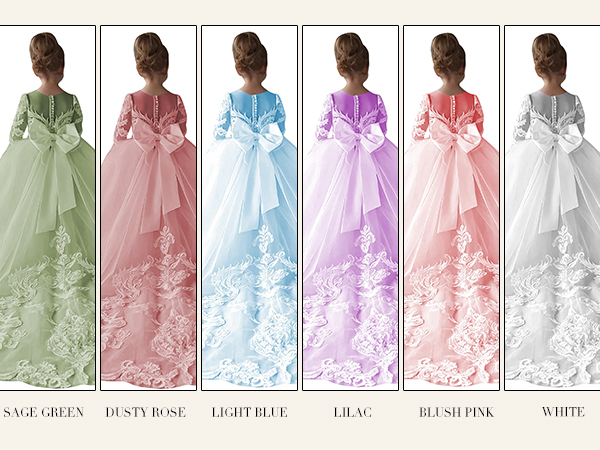 Flower Girls Satin Tulle Princess Pageant Dress for Wedding Kids Pearls Prom with Bow-Knot