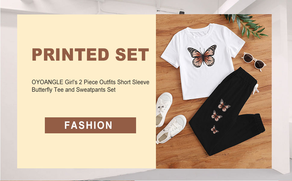 OYOANGLE Girl''s 2 Piece Outfits Short Sleeve Butterfly Tee and Sweatpants Set