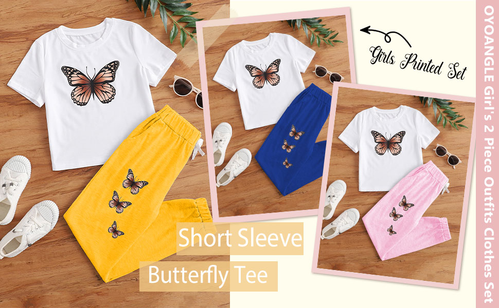 OYOANGLE Girl''s 2 Piece Outfits Short Sleeve Butterfly Tee and Sweatpants Set