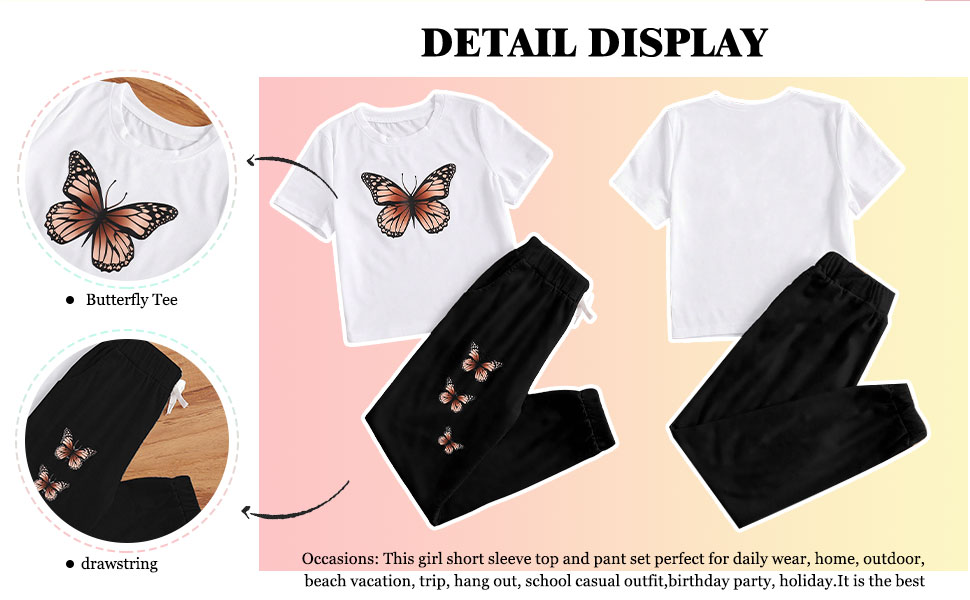 OYOANGLE Girl''s 2 Piece Outfits Short Sleeve Butterfly Tee and Sweatpants Set