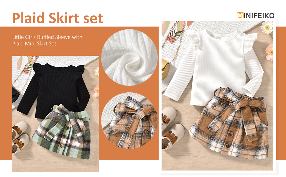 Toddler Girls Skirt Set Long Sleeve Ruffle Shirt and Plaid Skirt Outfit 2 Piece Set