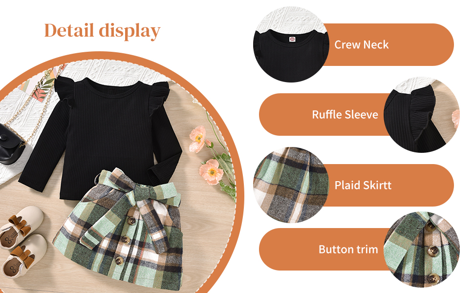 Toddler Girls Outfits Long Sleeve Ruffle Shirt and Plaid Skirt Set 2 Piece