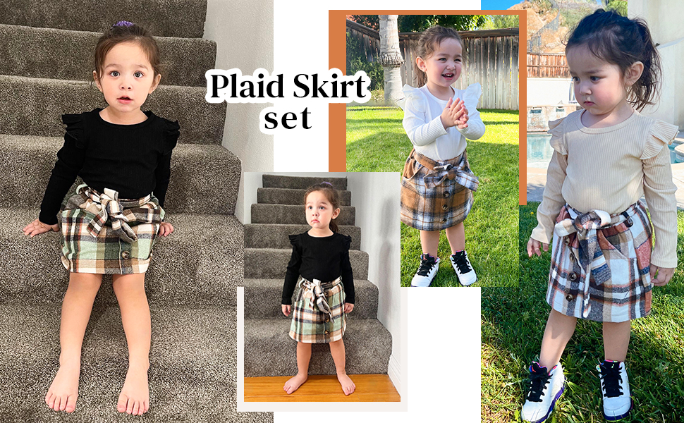 Toddler Girls Outfits Long Sleeve Ruffle Shirt and Plaid Skirt Set 2 Piece