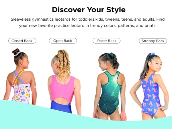 Sleeveless gymnastics leotards for toddlers, kids, tweens, teens, and adults.