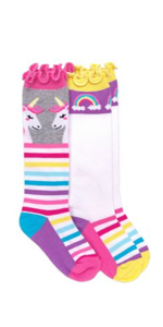 Jefferies Socks Girls Unicorn Rainbow Stripe Ruffle Knee High Socks 2 Pack