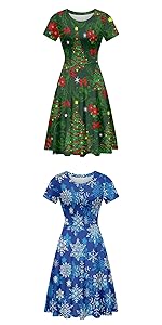 Women''s Cute Christmas Print Short Sleeve Unique Casual Flared A Line Party Short Dress 