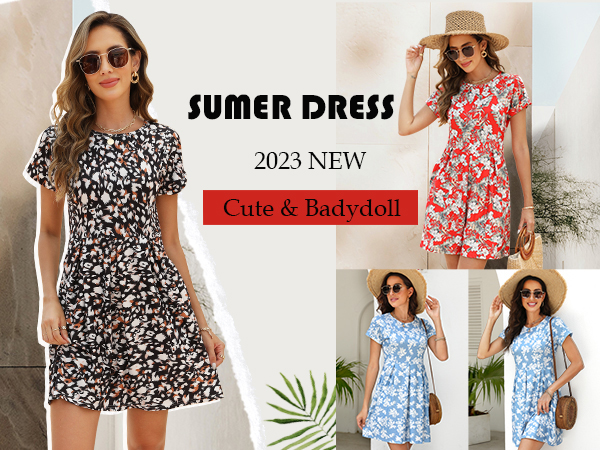 Women''s Summer Short Sleeve Dressy Casual Mini Floral Tshirt Dresses with Pockets Red Floral