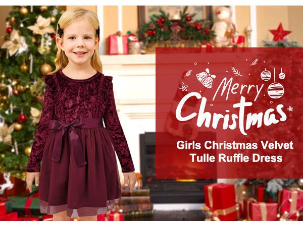 Christmas  Girls Velvet Ruffle Long Sleeve Tulle Midi Dress