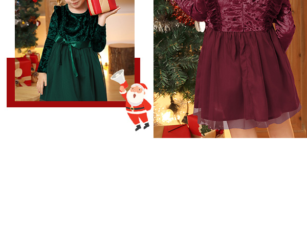 Christmas  Girls Velvet Ruffle Long Sleeve Tulle Midi Dress