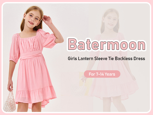 Girls Summer Dresses Square Neck Tie Back Lantern Sleeve Ruffle A-Line Casual Dress