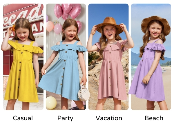 Arshiner Girls Dresses Summer Spaghetti Strap Cold Shoulder Ruffle Button Down A Line Dresses