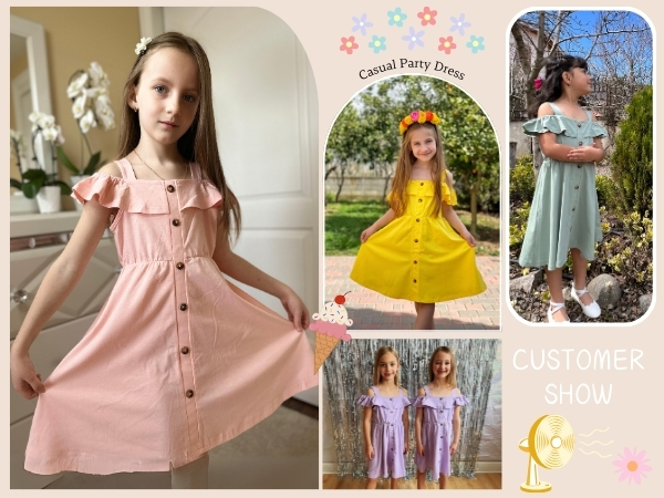 Arshiner Girls Dresses Summer Spaghetti Strap Cold Shoulder Ruffle Button Down A Line Dresses