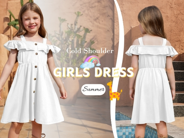 Arshiner Girls Dresses Summer Spaghetti Strap Cold Shoulder Ruffle Button Down A Line Dresses