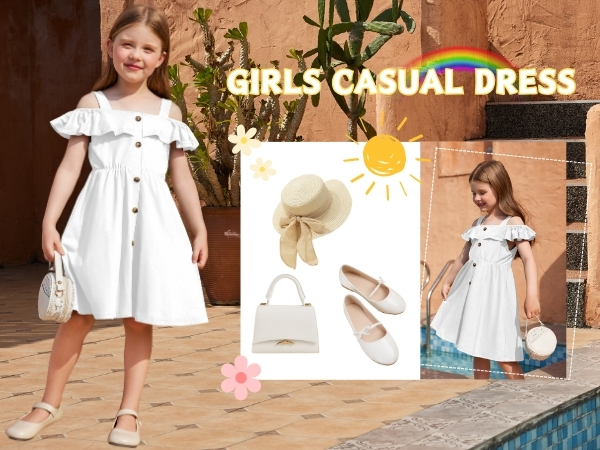 Arshiner Girls Dresses Summer Spaghetti Strap Cold Shoulder Ruffle Button Down A Line Dresses