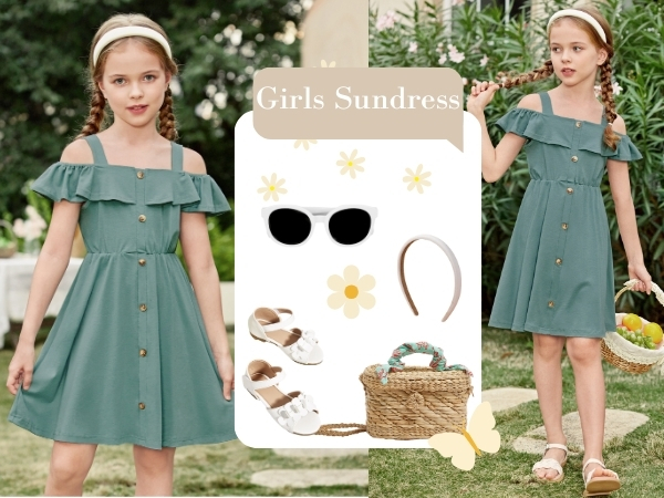 Arshiner Girls Dresses Summer Spaghetti Strap Cold Shoulder Ruffle Button Down A Line Dresses