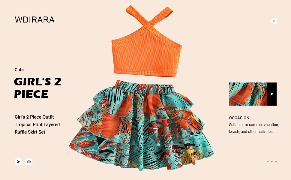 Toddler Girl''s 2 Piece Outfit Crisscross Halter Top and Tropical Print Layered Ruffle Skirt Set