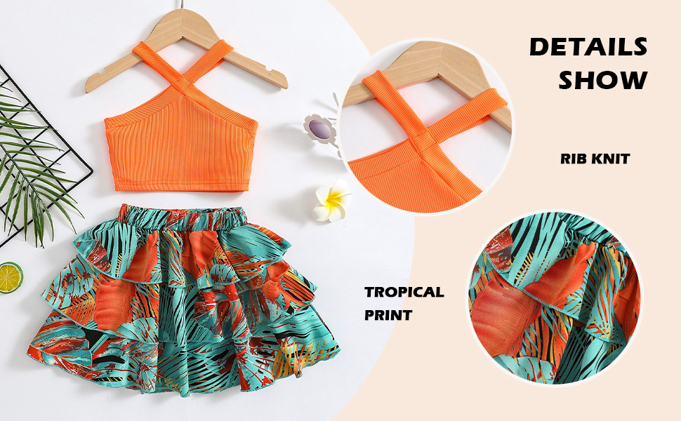 Toddler Girl''s 2 Piece Outfit Crisscross Halter Top and Tropical Print Layered Ruffle Skirt Set