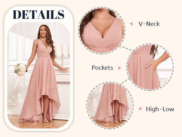 Double V Neck A Line Ruffle Hem Backless High Low Chiffon Wedding Guest Dresses