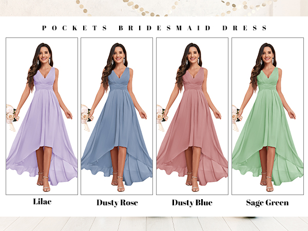 High Low Chiffon Bridesmaid Dress for Wedding Pleated V Neck Formal Party Dress with Pockets