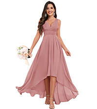 High Low Bridesmaid Dresses V Neck Chiffon A line Sleeveless Formal Dress Evening Gowns with Pockets