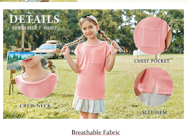 Girls Casual Cap Sleeve T Shirts Basic Summer Tops Loose Solid Color Blouse with Pocket 5-14 Years