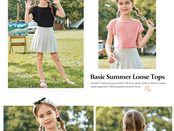 Girls Casual Cap Sleeve T Shirts Basic Summer Tops Loose Solid Color Blouse with Pocket 5-14 Years