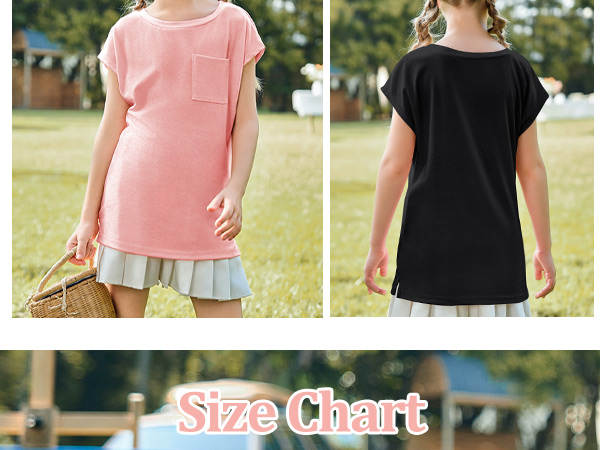 Girls Casual Cap Sleeve T Shirts Basic Summer Tops Loose Solid Color Blouse with Pocket 5-14 Years