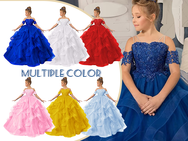 Long Princess Girls Pageant Dress Tulle Ruffles Flower Girl Dress Wedding Party Costumes