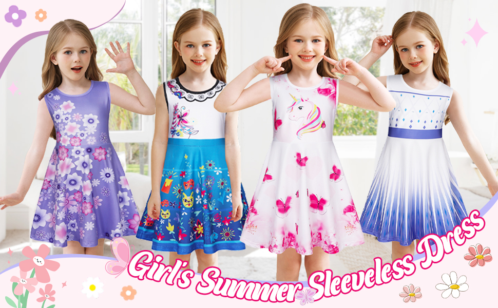 Summer Dress for Girls Sleeveless A-Line Swing Sundress Mirabel Unicorn Encanto Elsa Princess Dress