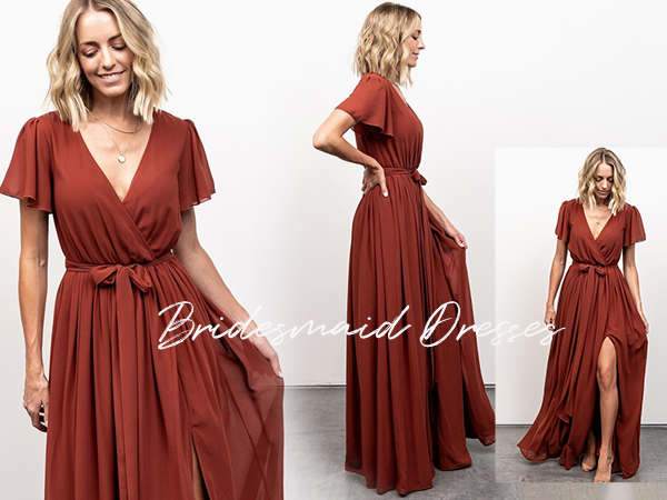 V Neck Bridesmaid Dresses with Sleeves Long Formal Gown 