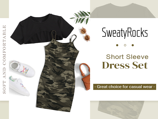 SweatyRocks Girl''s 2 Piece Outfits Short Sleeve Crop Top Tee and Camo Print Cami Dress Set