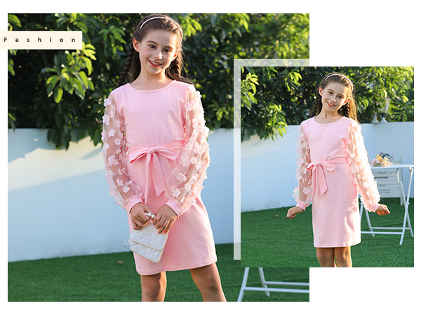 girl pink mesh puff sleeve dress