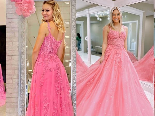 Lace Appliques Pink Prom Dresses Long Off Shoulder Tulle Split Formal Evening Party Gowns Women 2023