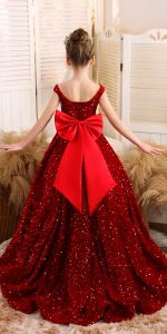 sparkling sequin girls ball gown dress with bow-knot