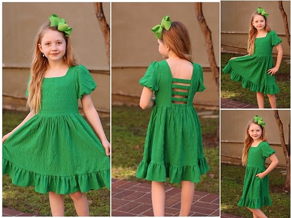 Arshiner Girls Backless Dress Short Sleeve Square Neck Ruffle Hem Elegant Twirl Dresses