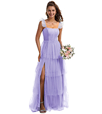 Tulle Bridesmaid Dresses With Slit For Wedding Tiered Skirt A-Line Formal Party Gown