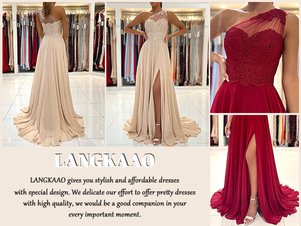 One Shoulder Lace Formal Dresses Long For Women A-Line Chiffon Bridesmaid Dress With Slit Pockets