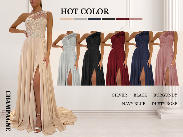 One Shoulder Lace Formal Dresses Long For Women A-Line Chiffon Bridesmaid Dress With Slit Pockets