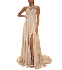 One Shoulder Lace Formal Dresses Long For Women A-Line Chiffon Bridesmaid Dress With Slit Pockets