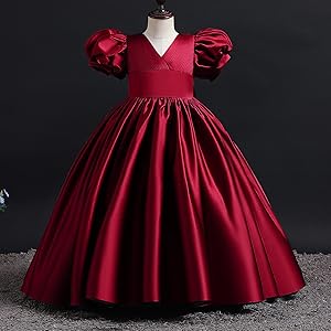 Toddle Girl Dress Vintage Satin High Waist Wedding Birthday Prom Party Maxi Long Dress Red 3-14T