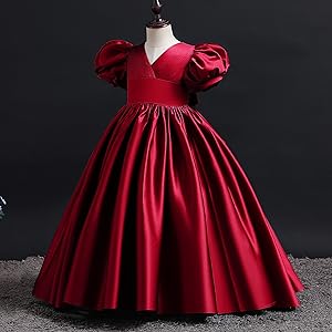 Toddle Girl Dress Vintage Satin High Waist Wedding Birthday Prom Party Maxi Long Dress Red 3-14T