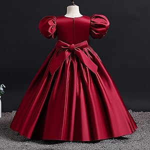 Toddle Girl Dress Vintage Satin High Waist Wedding Birthday Prom Party Maxi Long Dress Red 3-14T