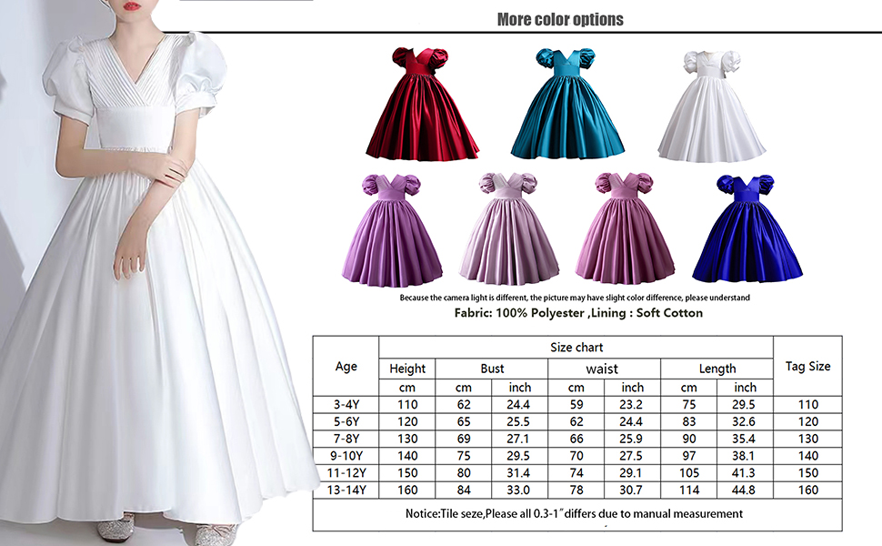 Toddle Girl Dress Vintage Satin High Waist Wedding Prom Party Long Dress White Red Blue 3-14 years